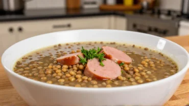 Herzhafte Linsensuppe mit köstlichen Würstchen, zubereitet in der Heißluftfritteuse.