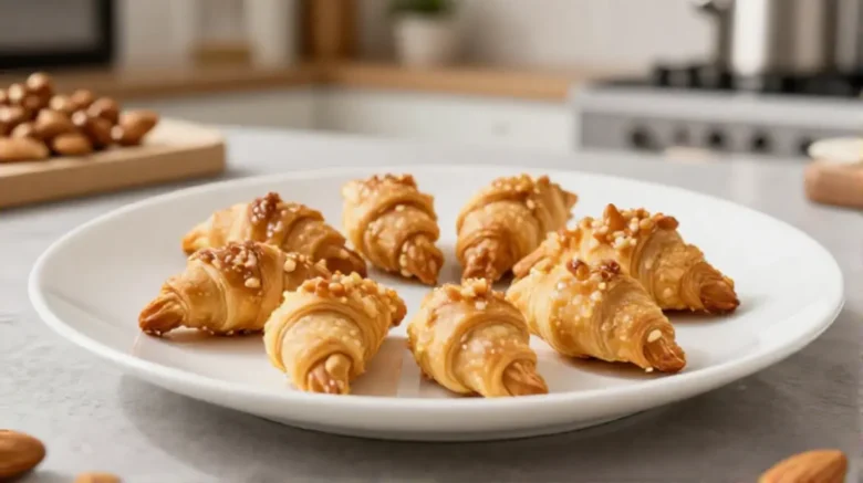 Knusprige Mandelhörnchen frisch aus der Heißluftfritteuse für einen perfekten Snack.