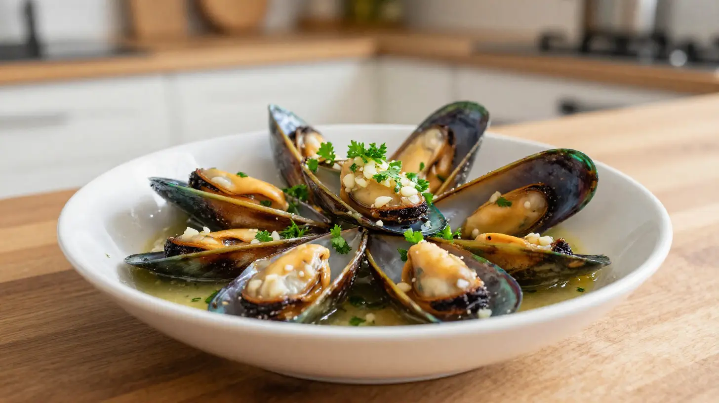 Saftige Miesmuscheln in aromatischer Knoblauchsauce, zubereitet in der Heißluftfritteuse.