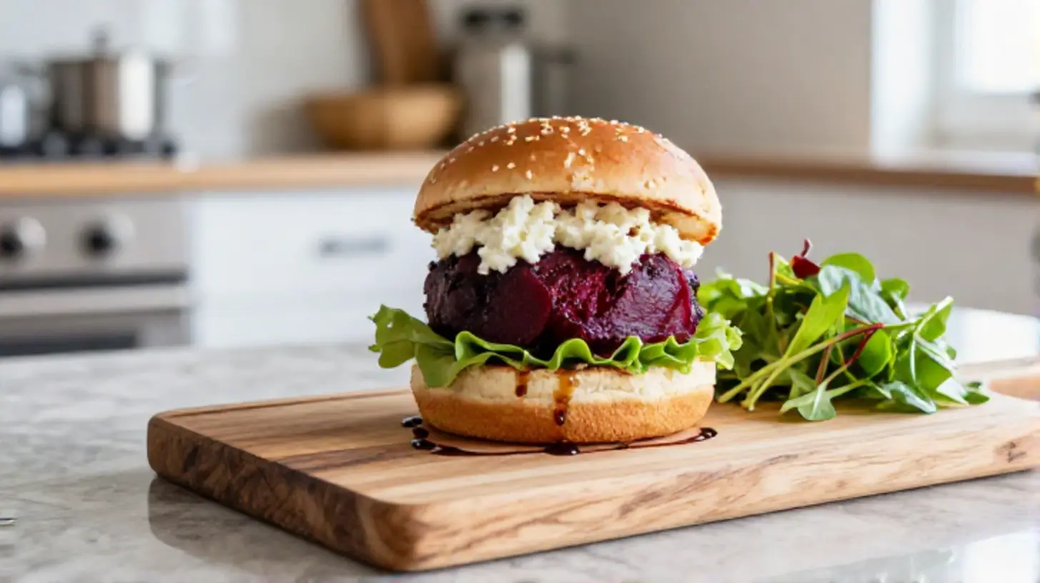 Leckere Rote-Bete-Burger mit Ziegenkäse aus der Heißluftfritteuse für ein gesundes Essen.