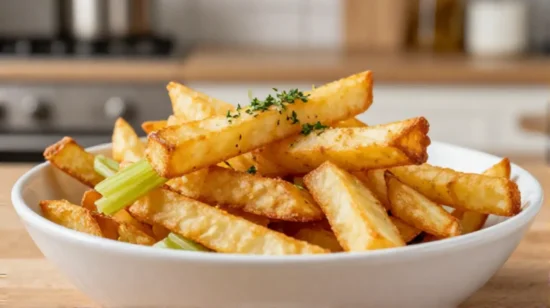 Leckere Sellerie-Pommes aus der Heißluftfritteuse, knusprig und gesund.