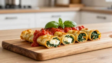 Leckere Spinat-Ricotta-Canelloni, goldbraun gegart im Airfryer für ein perfektes Geschmackserlebnis.
