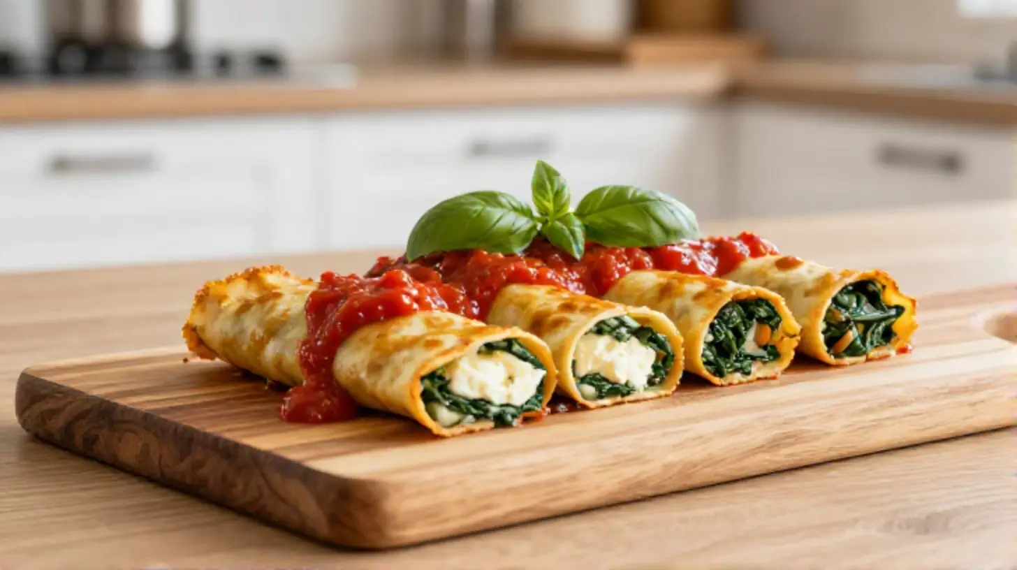 Leckere Spinat-Ricotta-Canelloni, goldbraun gegart im Airfryer für ein perfektes Geschmackserlebnis.