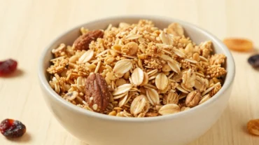 Leckeres knuspriges Granola aus der Heißluftfritteuse, perfekt für ein gesundes Frühstück.