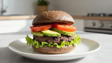 Leckere schwarze Bohnen-Burger, perfekt zubereitet im Airfryer für einen gesunden Genuss.