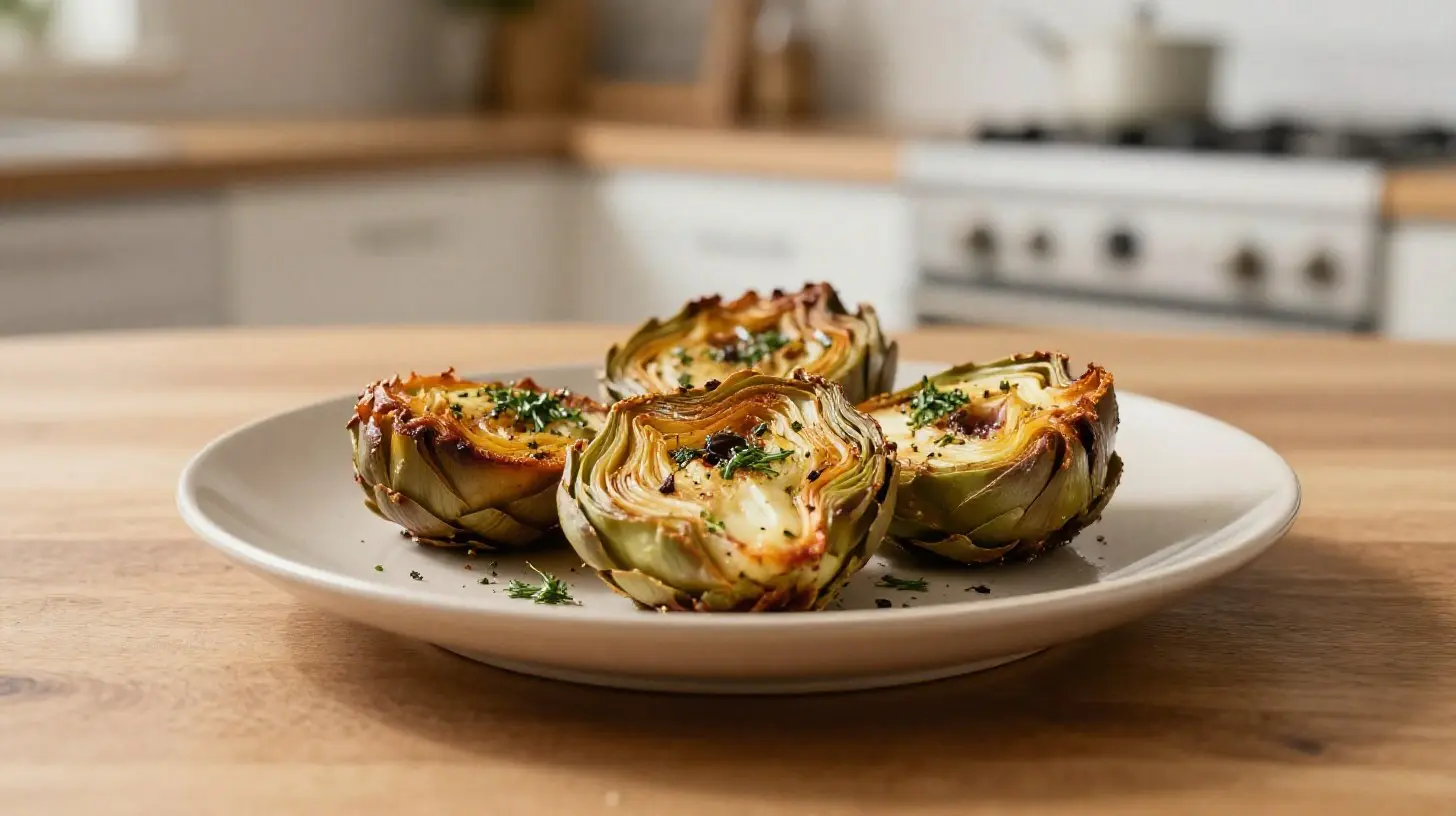 Leckere gebackene Artischocken aus der Heißluftfritteuse mit goldbrauner Kruste.