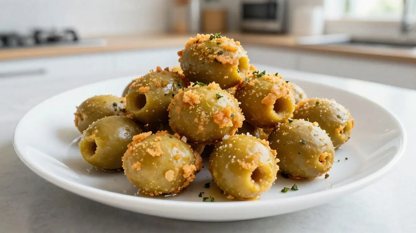 Leckere gebackene Oliven aus der Heißluftfritteuse, perfekt knusprig und aromatisch.