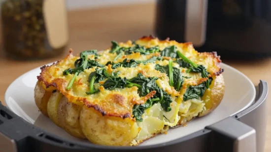 Leckeres Kartoffel-Spinat-Auflauf aus der Heißluftfritteuse für ein gesundes Essen.