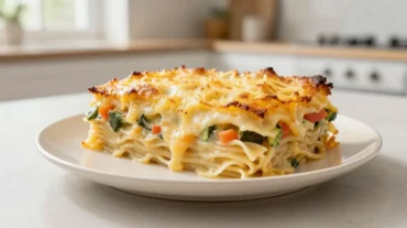 Leckerer Nudelauflauf aus der Heißluftfritteuse mit geschmolzenem Käse und frischem Gemüse.