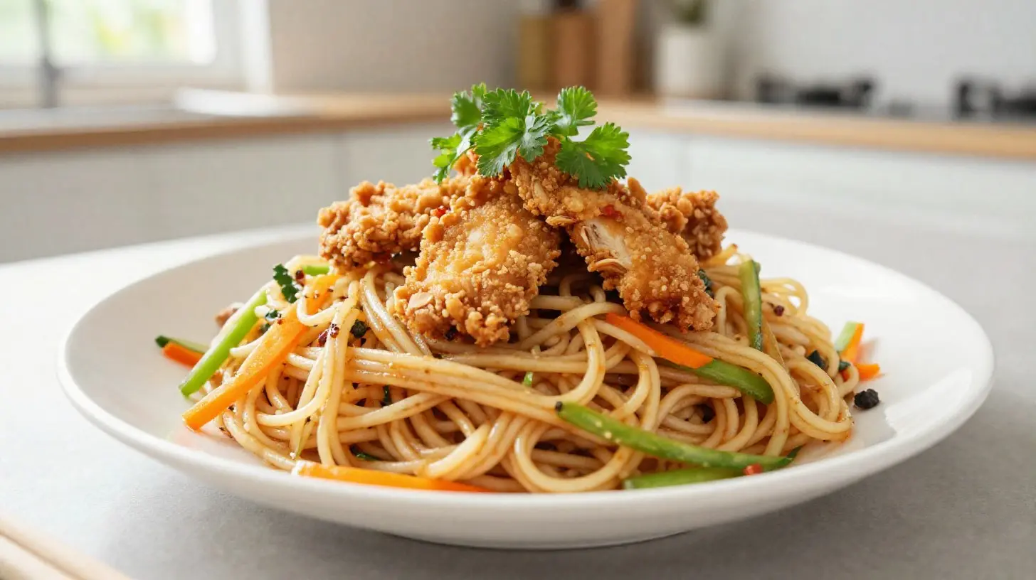 Leckerer Nudelsalat mit knusprigem Hähnchen aus der Heißluftfritteuse, perfekt für den Sommer.