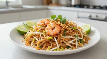 Leckeres Pad Thai aus der Heißluftfritteuse mit frischem Gemüse und Erdnüssen.