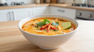 Aromatische Tom Kha Suppe aus der Heißluftfritteuse mit frischen Kräutern und exotischen Aromen.