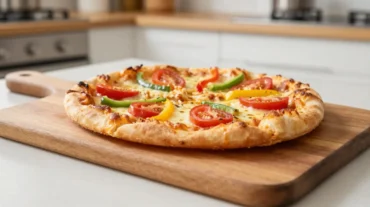 Leckere Blätterteig-Pizza aus dem Airfryer mit frischem Gemüse und Käse.