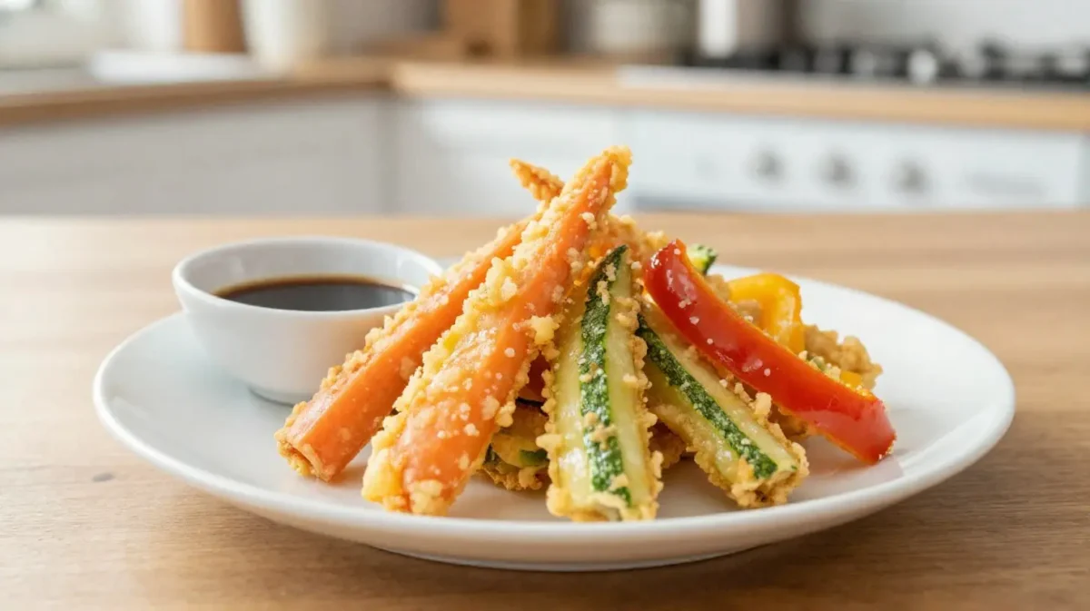 Köstliches Gemüse-Tempura aus der Heißluftfritteuse, perfekt knusprig und gesund.