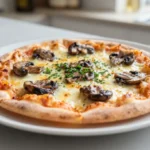 Leckere Mini-Pizza mit frischen Champignons aus der Heißluftfritteuse für schnelle Snacks.