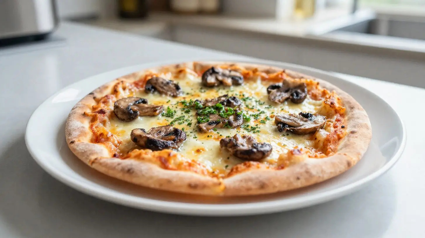 Leckere Mini-Pizza mit frischen Champignons aus der Heißluftfritteuse für schnelle Snacks.