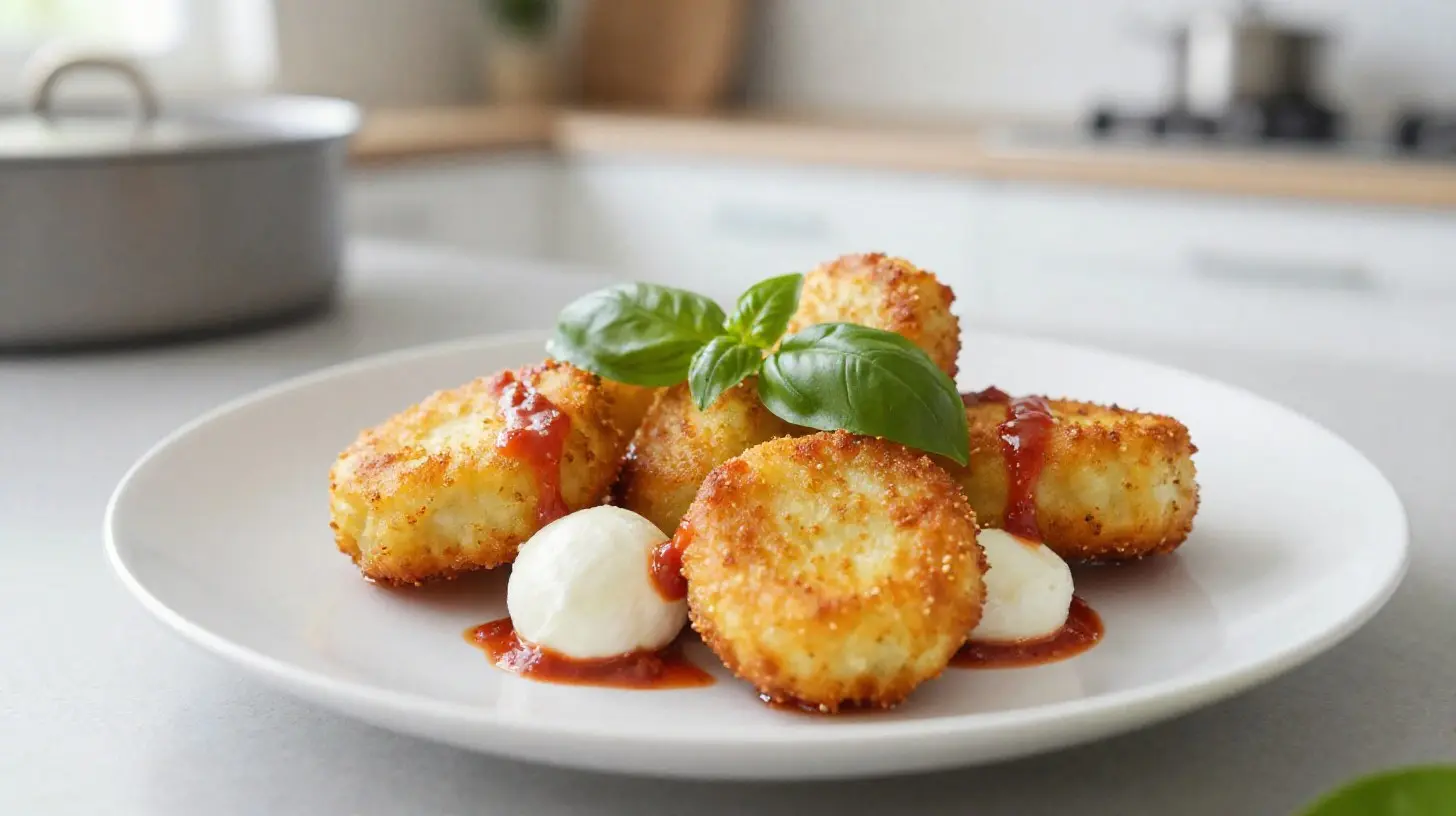 Knusprige Mozzarella-Taler aus der Heißluftfritteuse, perfekt für jeden Snack-Moment.