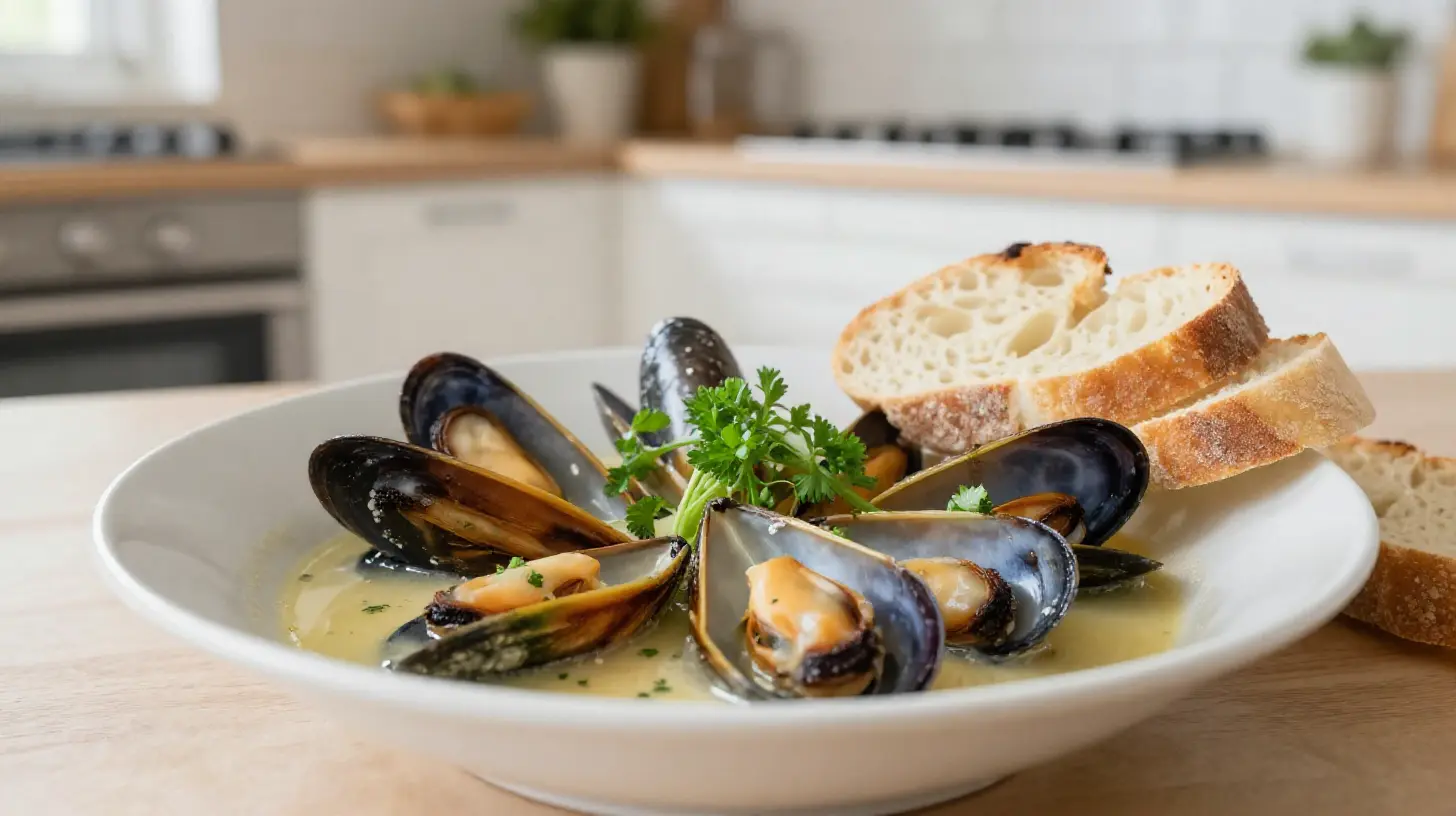 Leckere Muscheln in Weißwein, zubereitet in der Heißluftfritteuse für ein perfektes Dinner.