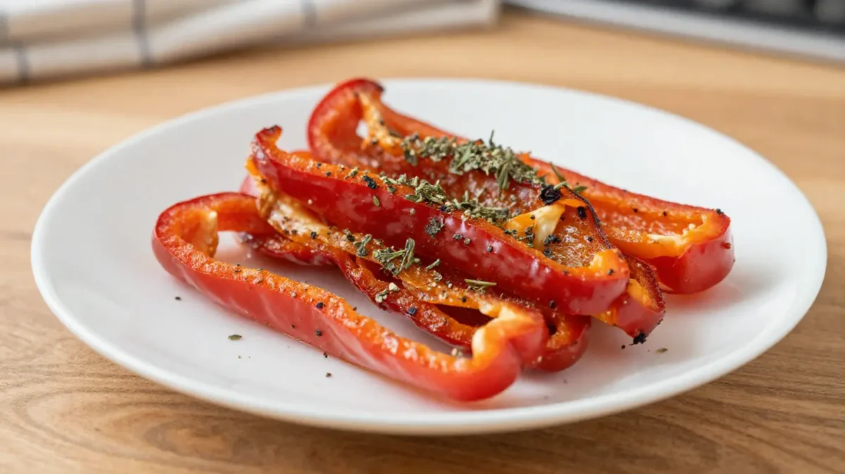 Knapprig gebratene Paprika-Streifen im Airfryer für einen gesunden Snack.