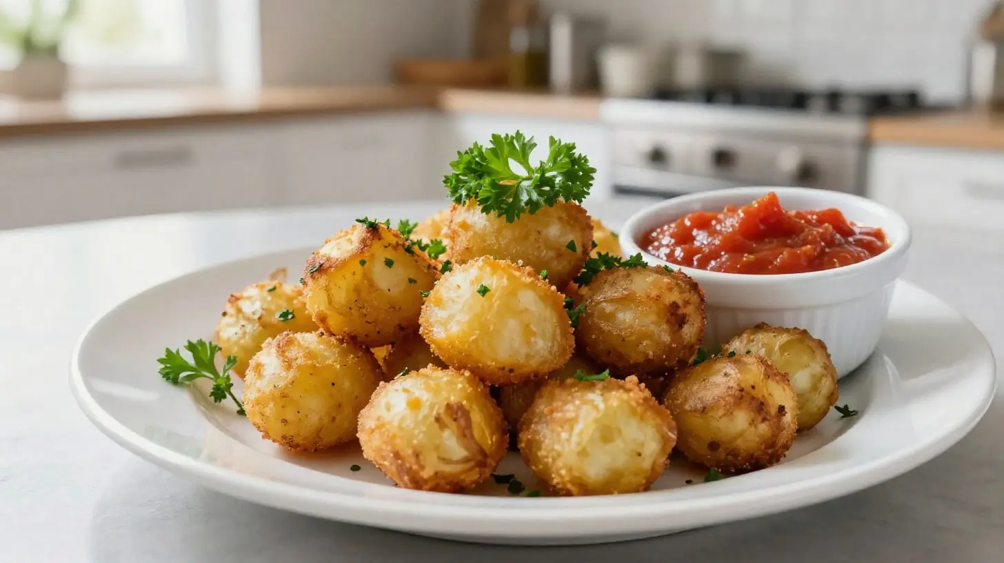 Köstliche Patatas Bravas aus der Heißluftfritteuse, knusprig und perfekt gewürzt.