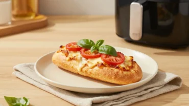 Leckeres Pizza-Baguette aus dem Airfryer mit frischen Zutaten und knuspriger Kruste.