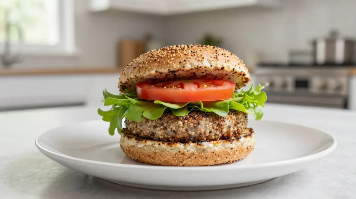 Köstlicher Quinoa-Burger aus der Heißluftfritteuse mit frischen Zutaten.