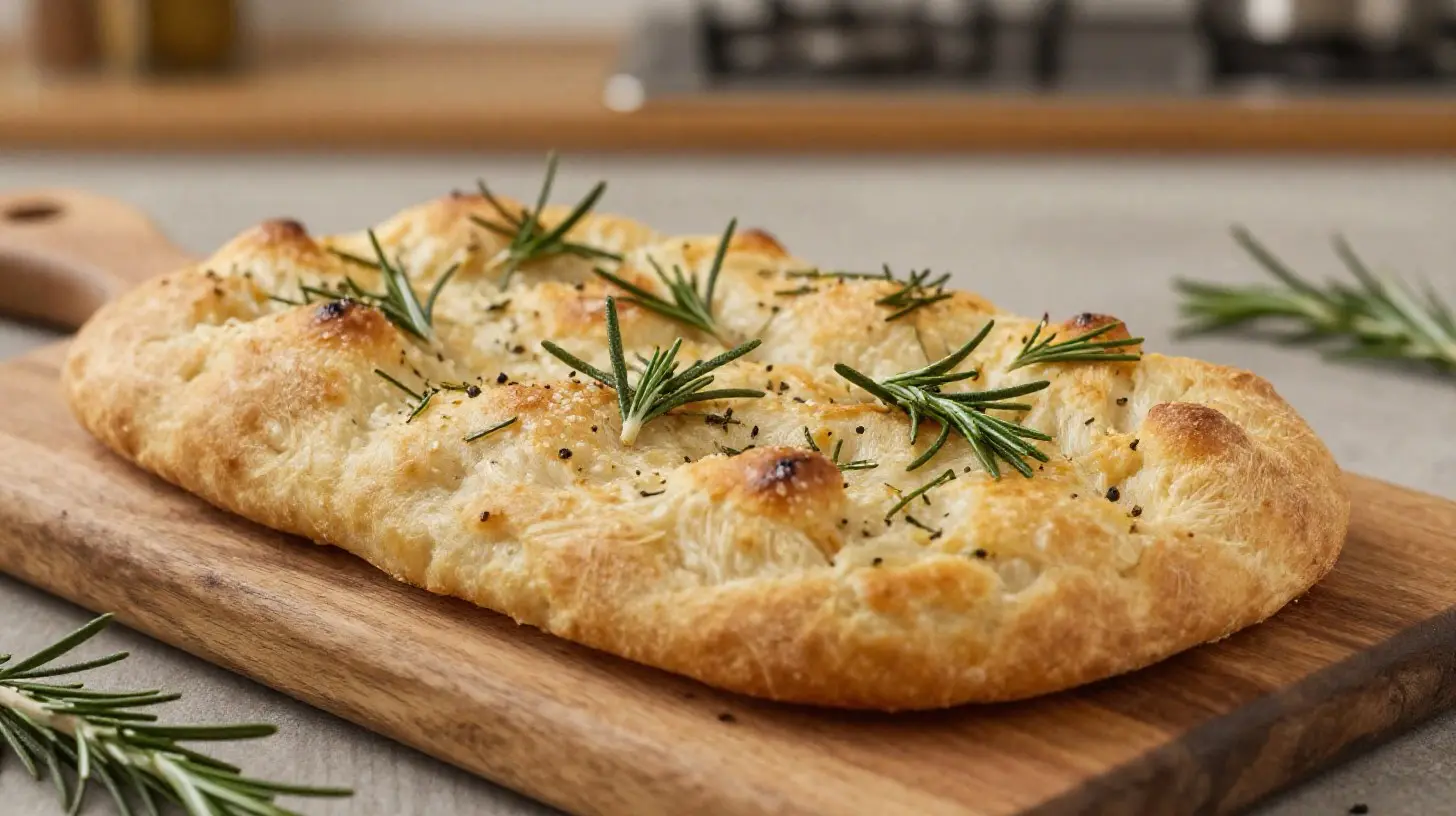 Goldene Rosmarin-Focaccia aus der Heißluftfritteuse mit knuspriger Kruste.