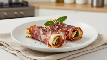 Saftiges Saltimbocca aus der Heißluftfritteuse mit zartem Fleisch und aromatischen Kräutern.