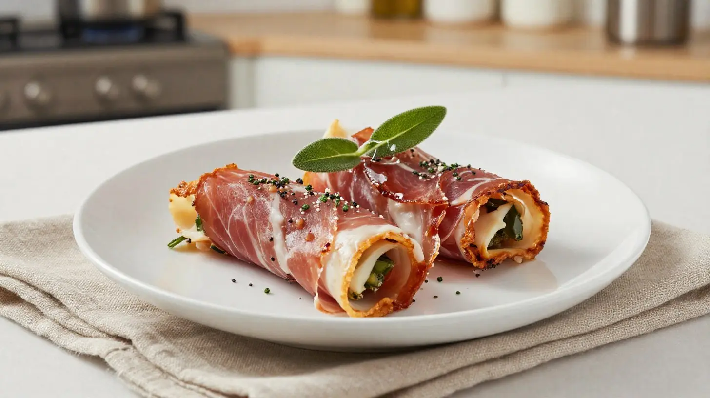 Saftiges Saltimbocca aus der Heißluftfritteuse mit zartem Fleisch und aromatischen Kräutern.