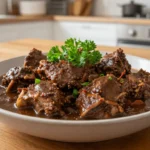 Leckeres Wildschweingulasch aus der Heißluftfritteuse mit zarten Fleischstücken und aromatischen Gewürzen.