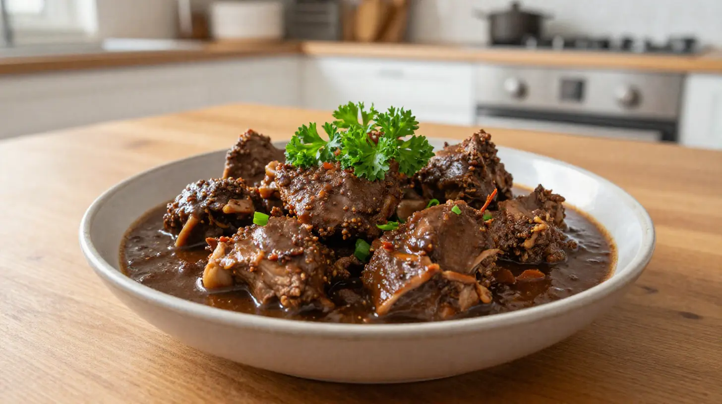 Leckeres Wildschweingulasch aus der Heißluftfritteuse mit zarten Fleischstücken und aromatischen Gewürzen.
