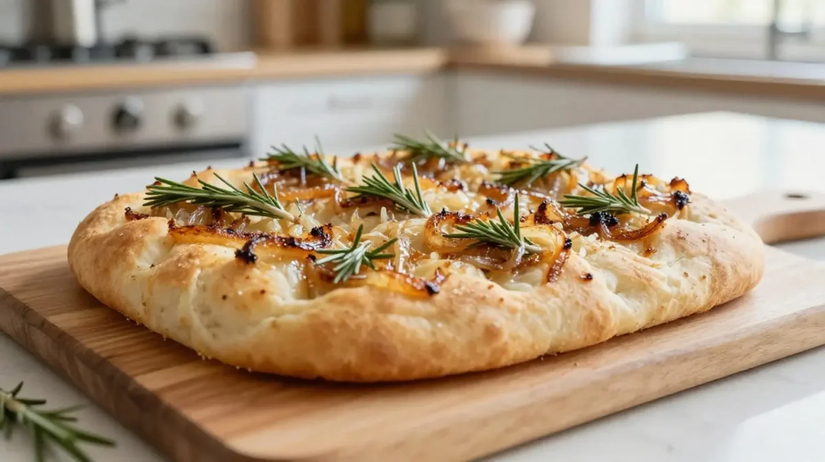 Saftige Zwiebel-Focaccia aus der Heißluftfritteuse mit leckerem Topping.