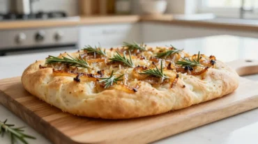 Saftige Zwiebel-Focaccia aus der Heißluftfritteuse mit leckerem Topping.